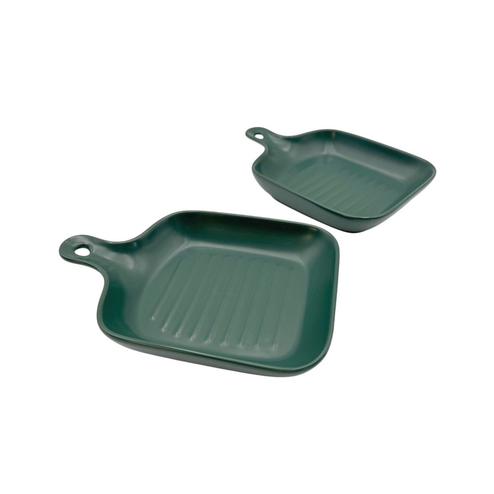 Bruntmor Set 2 Green Ribbed Ceramic Baking Dishes Square Grill Pans w Handles